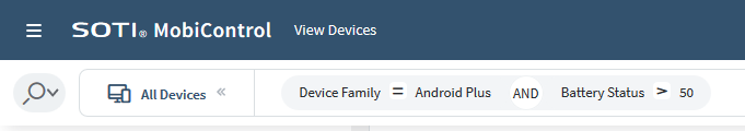 Advanced search that returns Android Plus devices whose current battery status is greater than 50%.