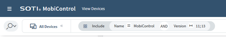 Advanced search using an Apps extended property object. This search returns devices with applications containing "SOTI MobiControl" in their name AND whose version is between 11 and 13.