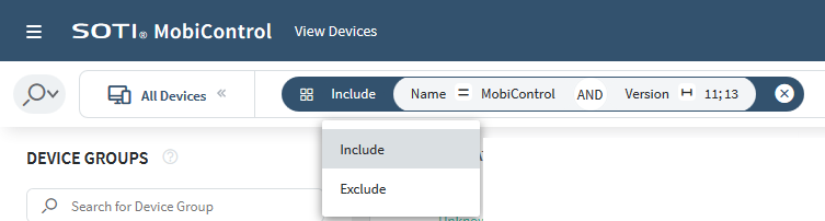 Advanced search using an Apps extended property object, with the option to toggle between include and Exclude. When set to Exclude, this search returns devices that DO NOT have an applications containing "SOTI MobiControl" in the name AND whose version is between 11 and 13.