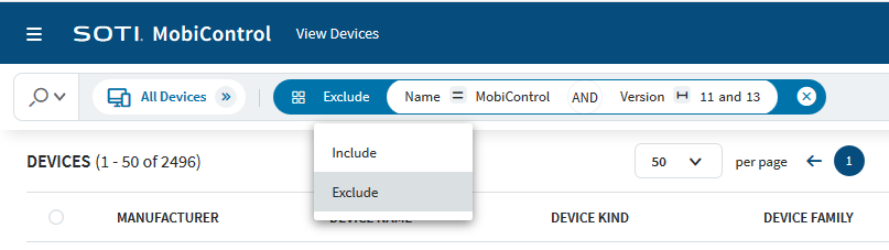 Advanced search using an Apps extended property object, with the option to toggle between include and Exclude. When set to Exclude, this search returns devices that DO NOT have an applications containing "SOTI MobiControl" in the name AND whose version is between 11 and 13.