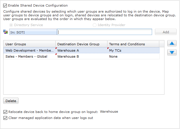 Dialog box for the Shared Device advanced configuration