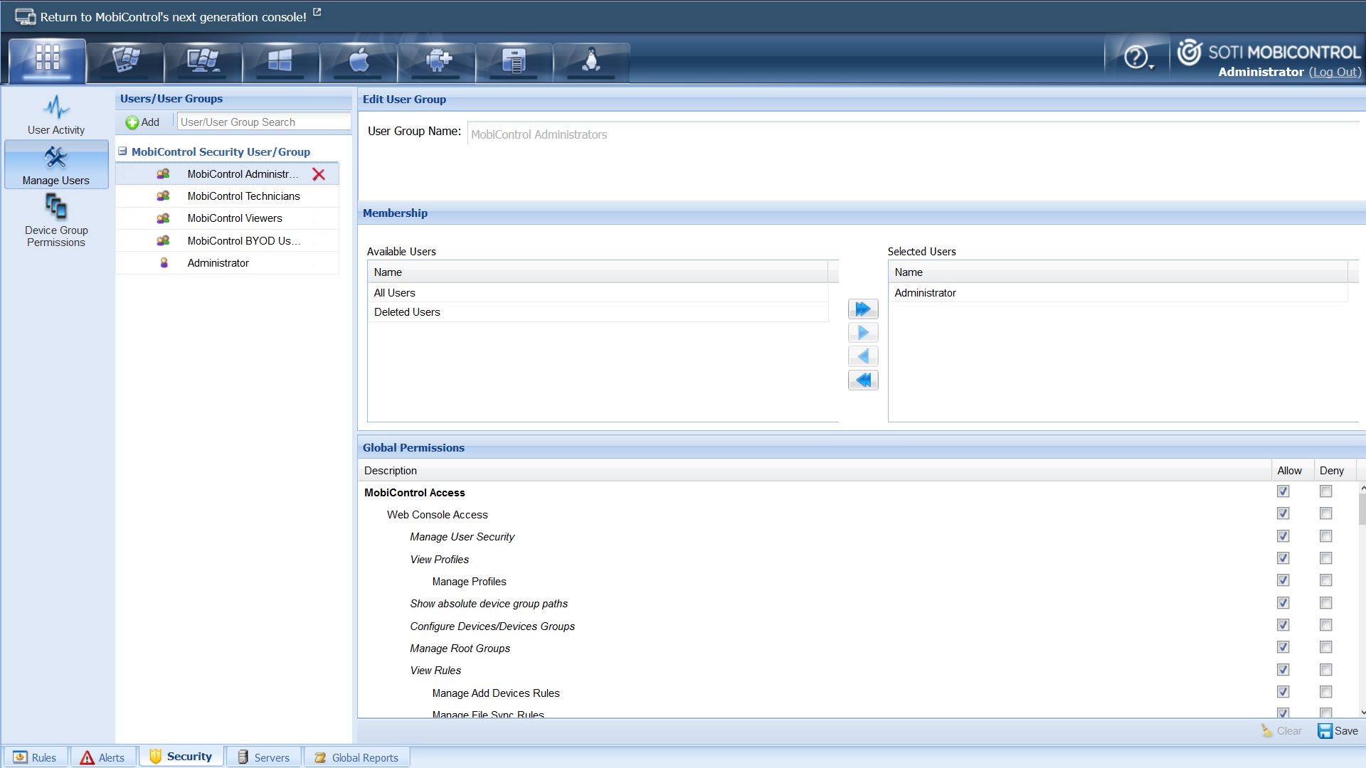 The Security tab in the legacy SOTI MobiControl console.