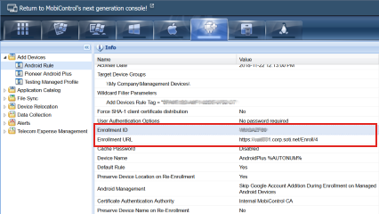 Location of Enrollment ID and URL in add devices rule summary