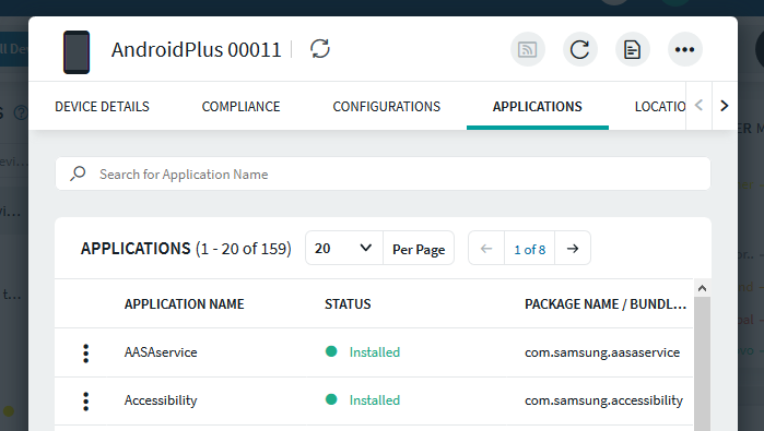 Application tab in Device Information panel