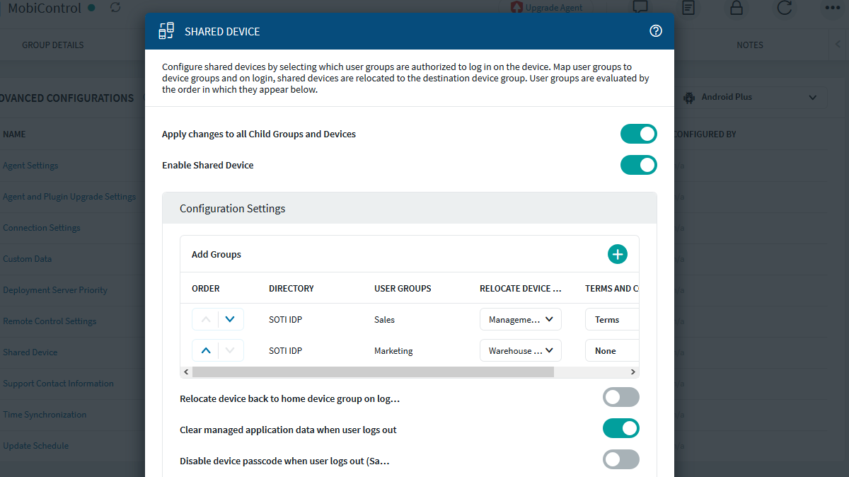 Dialog box for the Shared Device advanced configuration