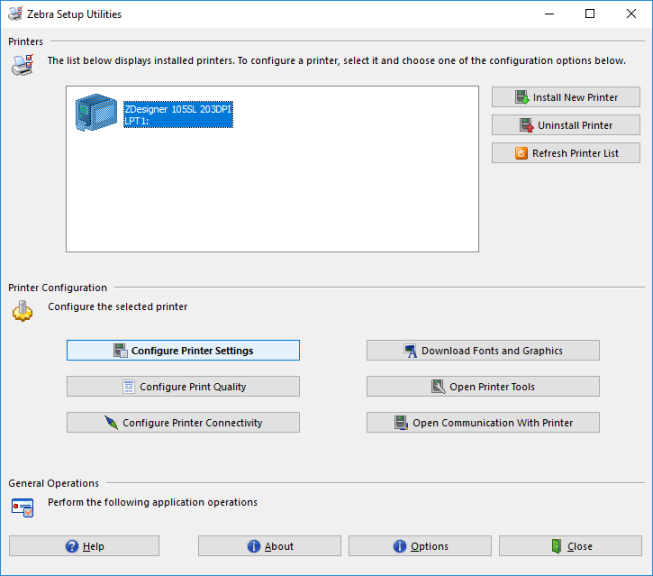 Zebra Setup Utilities Printer Configuration dialog box.