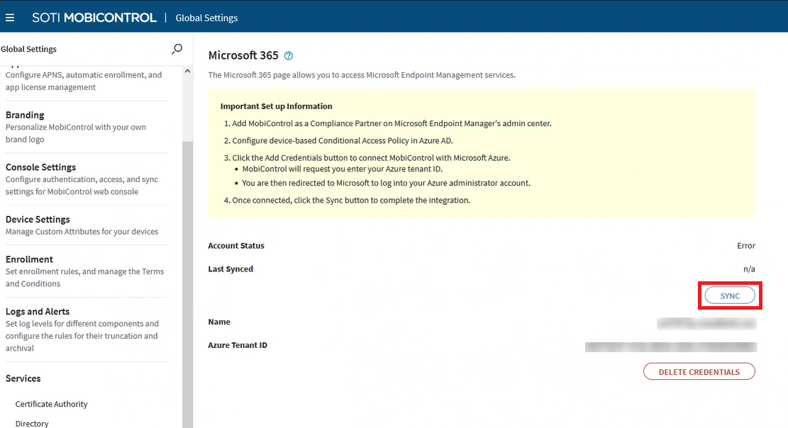 Conditional Access screen in Global Settings with Sync button highlighted