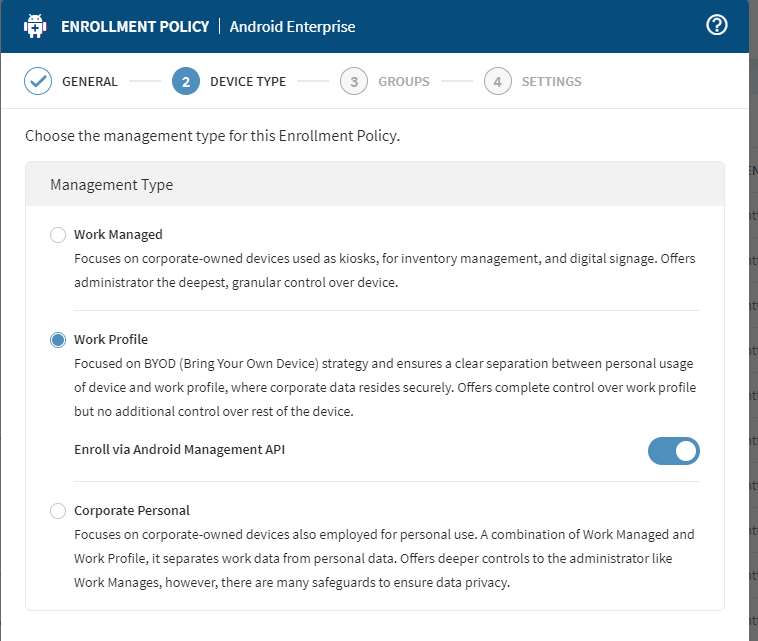 Android Enrollment Policy Device Type view