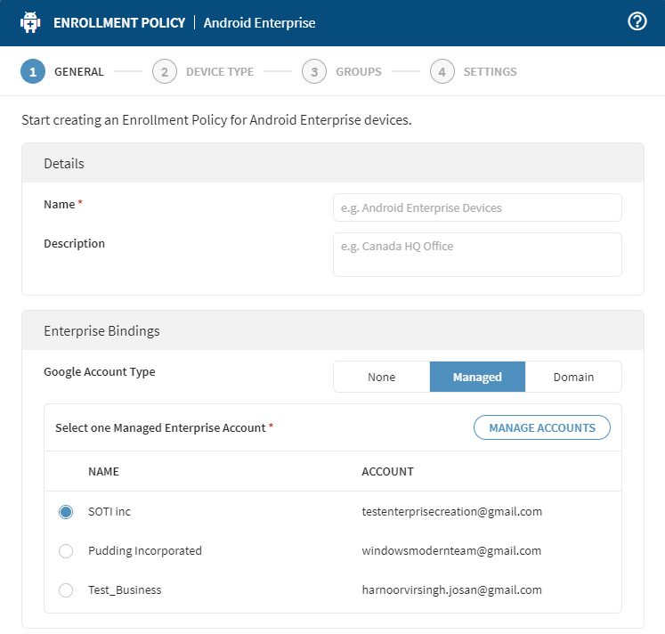 Android Enterprise Enrollment Policy General Tab