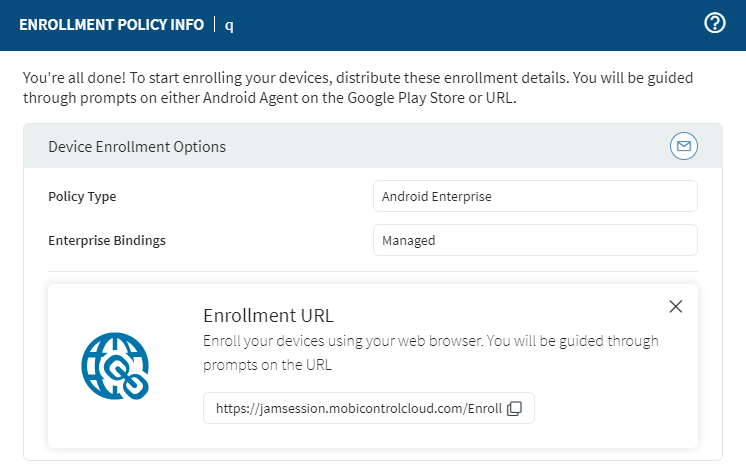 Android Enrollment Policy Info view
