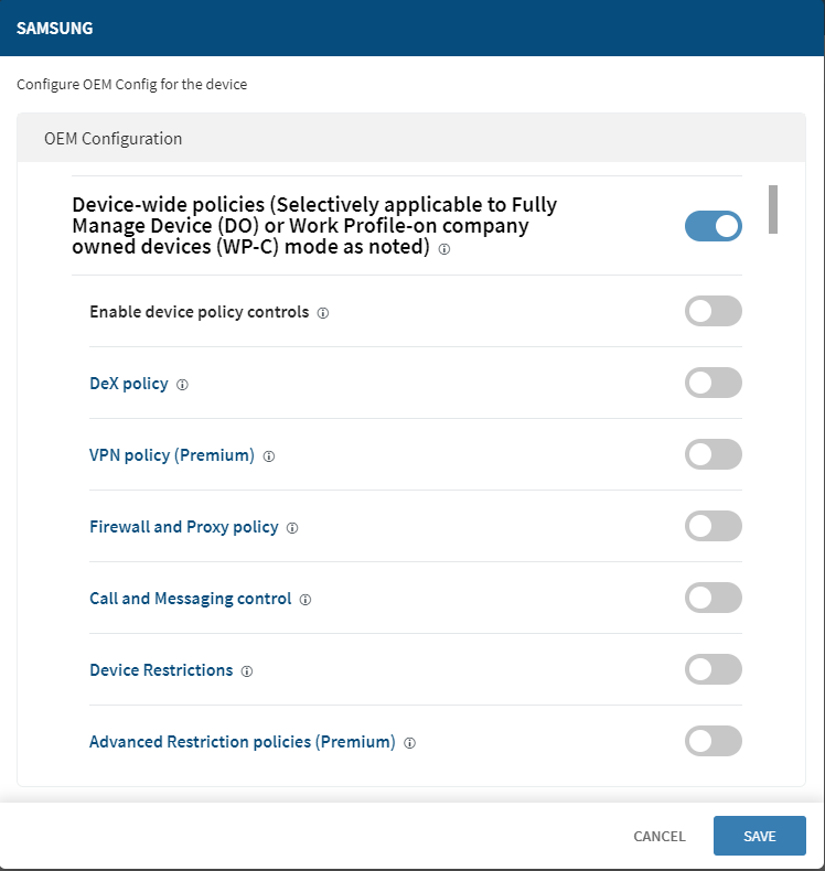 Samsung OEM Config dialog showing Device Wide Policy toggles.