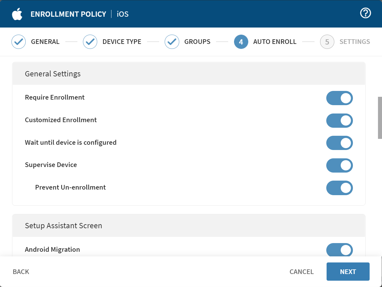 Option list of available enrollment settings