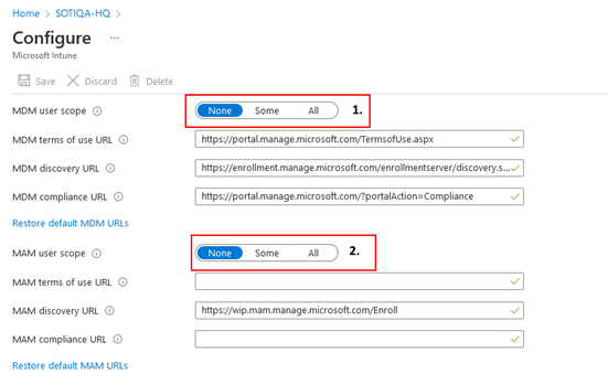 Azure AD Microsoft Intune user scope settings.