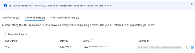 Client Secret setting in Azure AD.