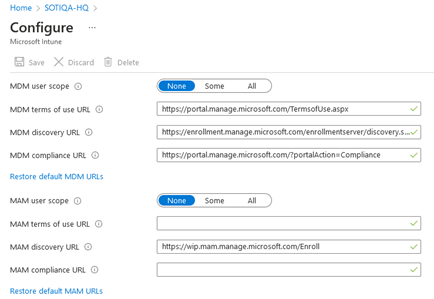 Microsoft Intune configuration in Azure AD.