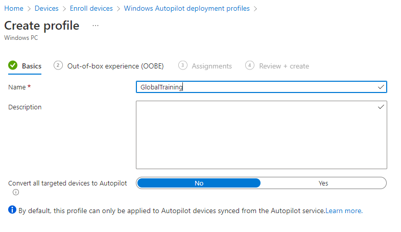 Endpoint deployment profile creation screen.