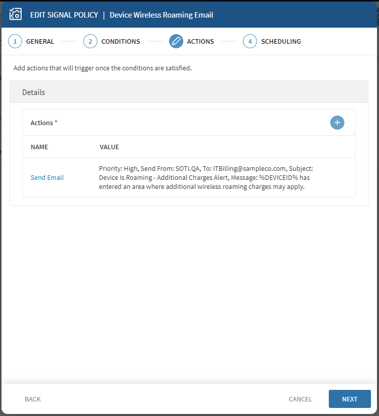 Example Signal action for device roaming monitoring