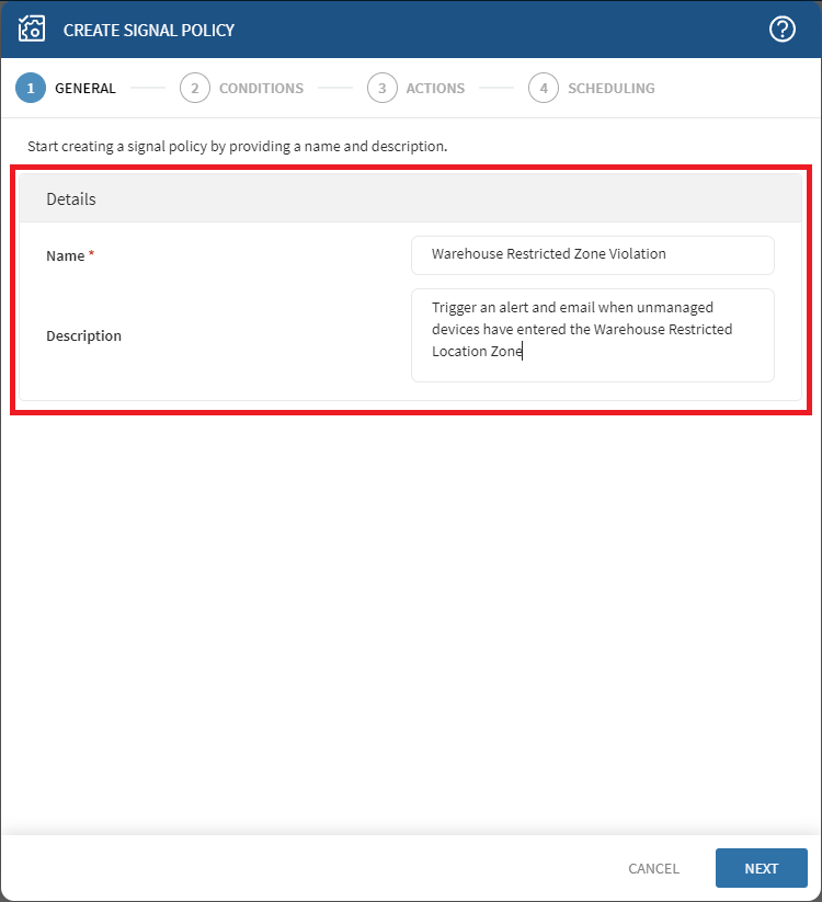 Signal Wizard step one with description highlighted