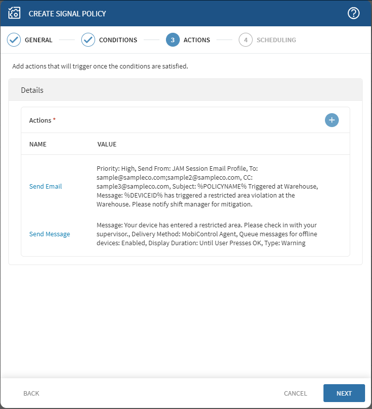 Signal Wizard action step with two actions added