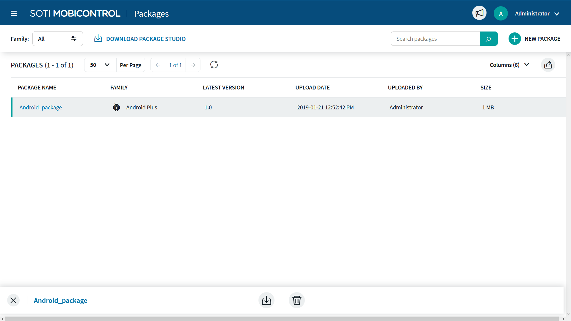 The Packages view of the SOTI MobiControl console.