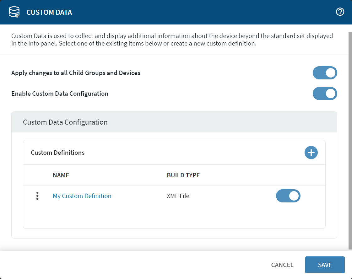 Custom Data Configuration window