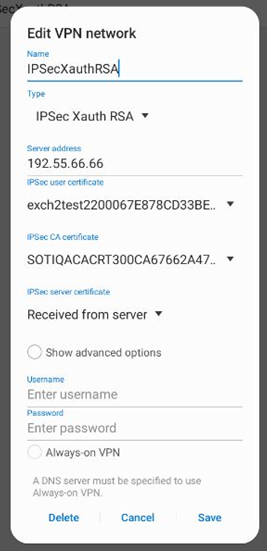 VPN settings screen for IPSec XAuth RSA on an Android device.