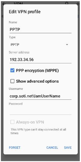 VPN settings screen for PPTP on a non-Samsung Android device.