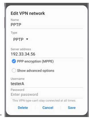 VPN settings screen for PPTP on an Android device.