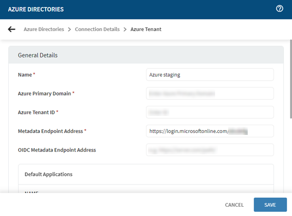 Azure Directories screen