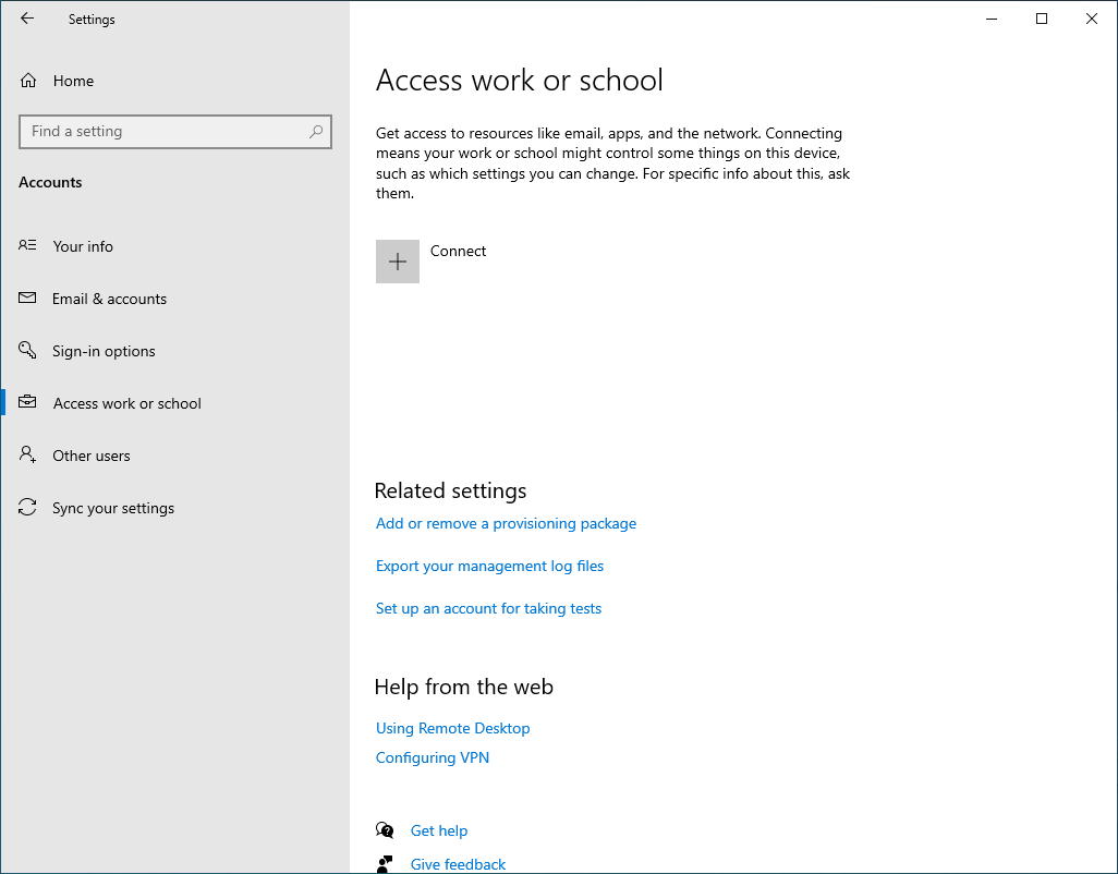 Connections list for work or school access