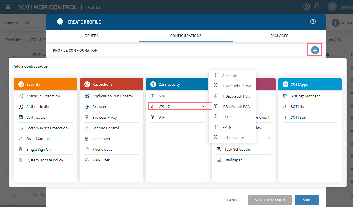The Add a Configuration panel showing VPN selected