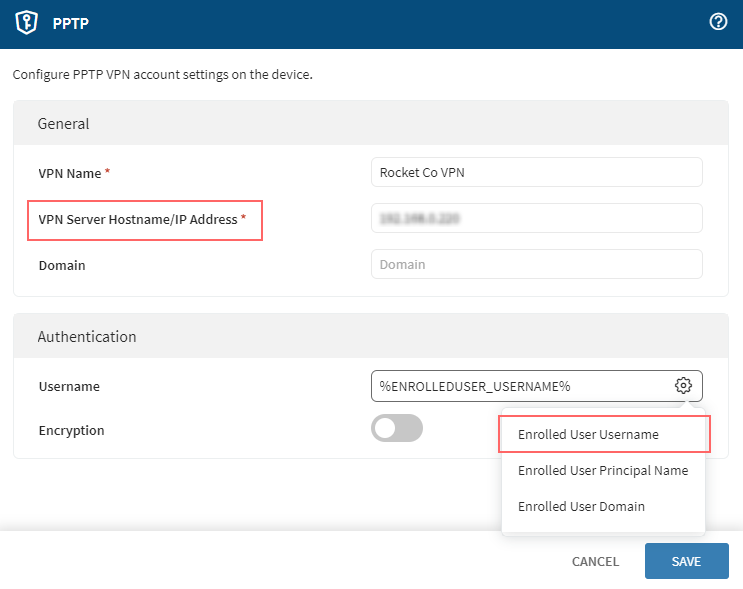 VPN Payload Configuration screen