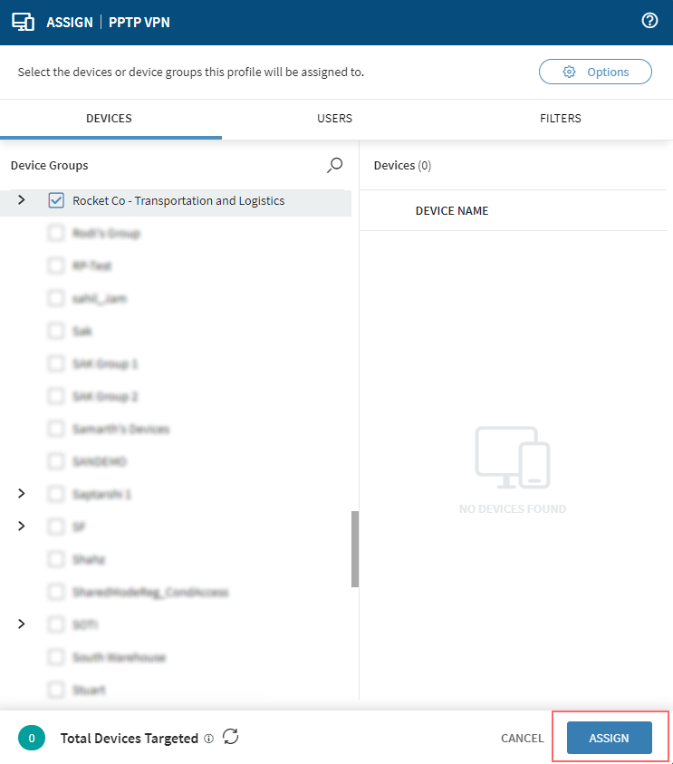 Assign panel showing a device group selected