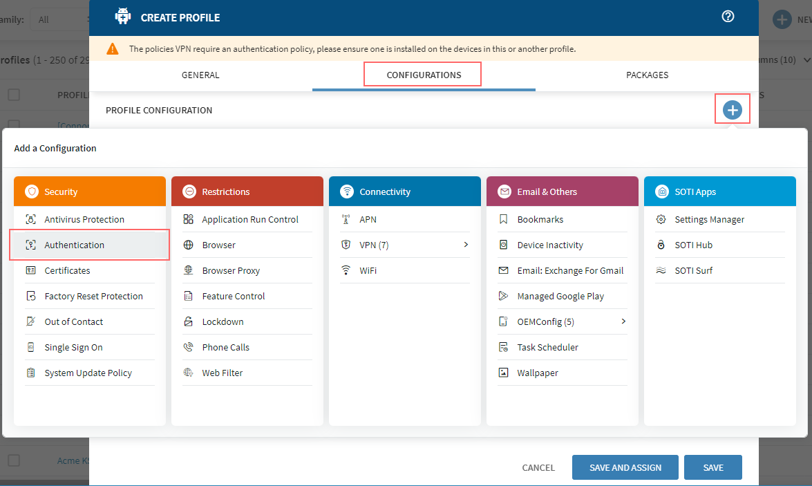 Select Authentication from the Security section of the Add Configuration panel