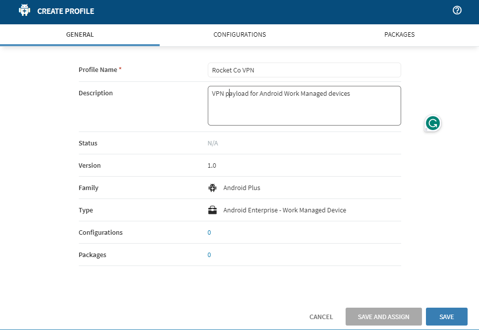Create Profile page with General tab selected