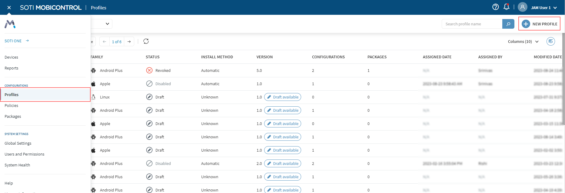 Profiles page with new profile button highlighted