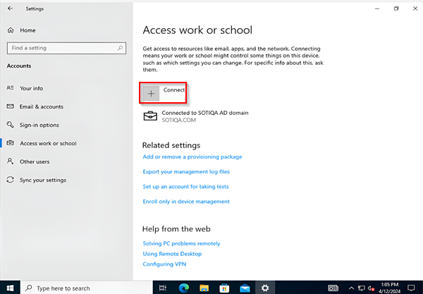 Available Options in work or school access