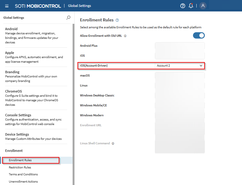 Setting a default iOS(Account-Driven) rule in Global Settings.
