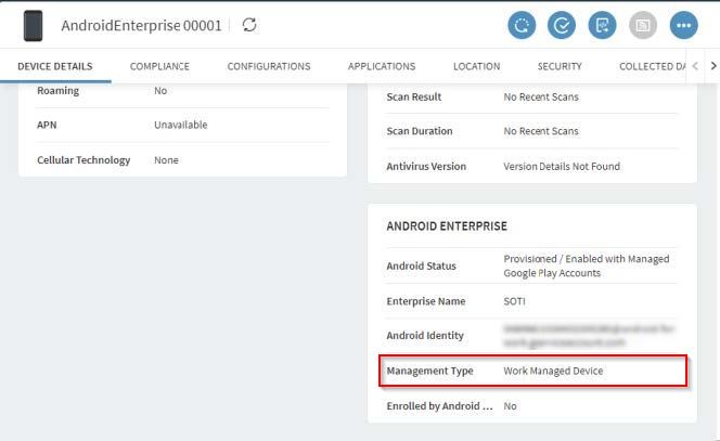 The Device Details page showing the Management Type as Work Managed