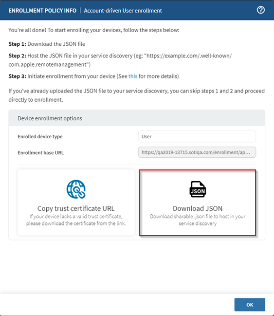 Selecting Download JSON to download the JSON registration file.