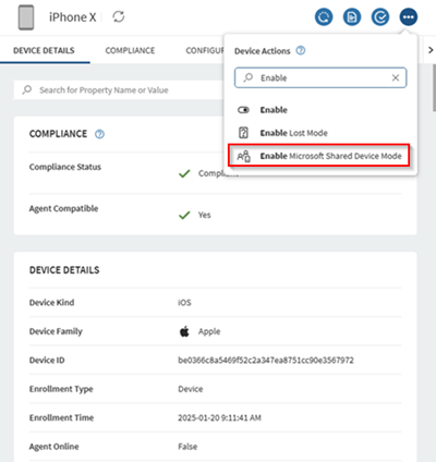 Sending the Enable Microsoft Shared Device Mode device action to an iOS device.