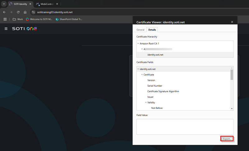 Exporting the certificate.