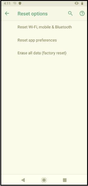 Factory Reset screen