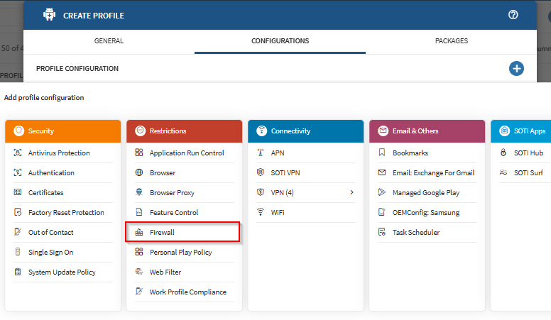 Selecting the Firewall configuration in an Android Enterprise COPE profile.