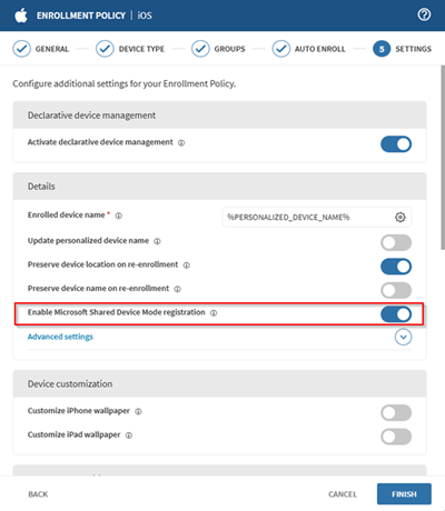 Toggling on the Enable Microsoft Shared Device Mode registration option in an iOS enrollment policy.