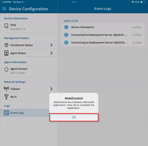 Completing the device's Microsoft registration in the SOTI MobiControl device agent.