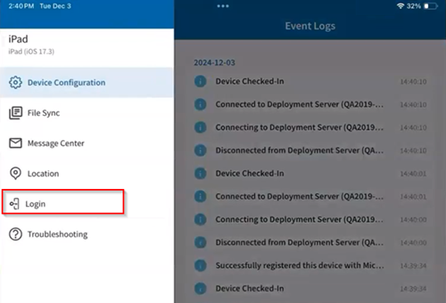 Logging in to the SOTI MobiControl device agent.