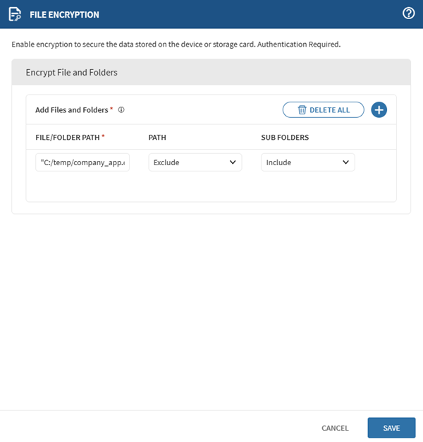 The Windows Mobile/ CE File Encrypt profile configuration