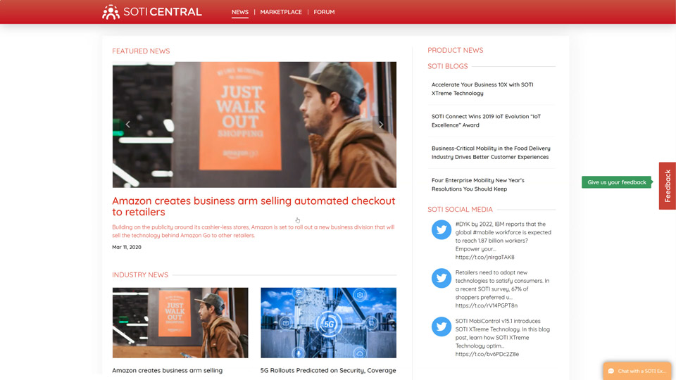 SOTI Central screenshot of featured news, SOTI blogs, and SOTI social media.