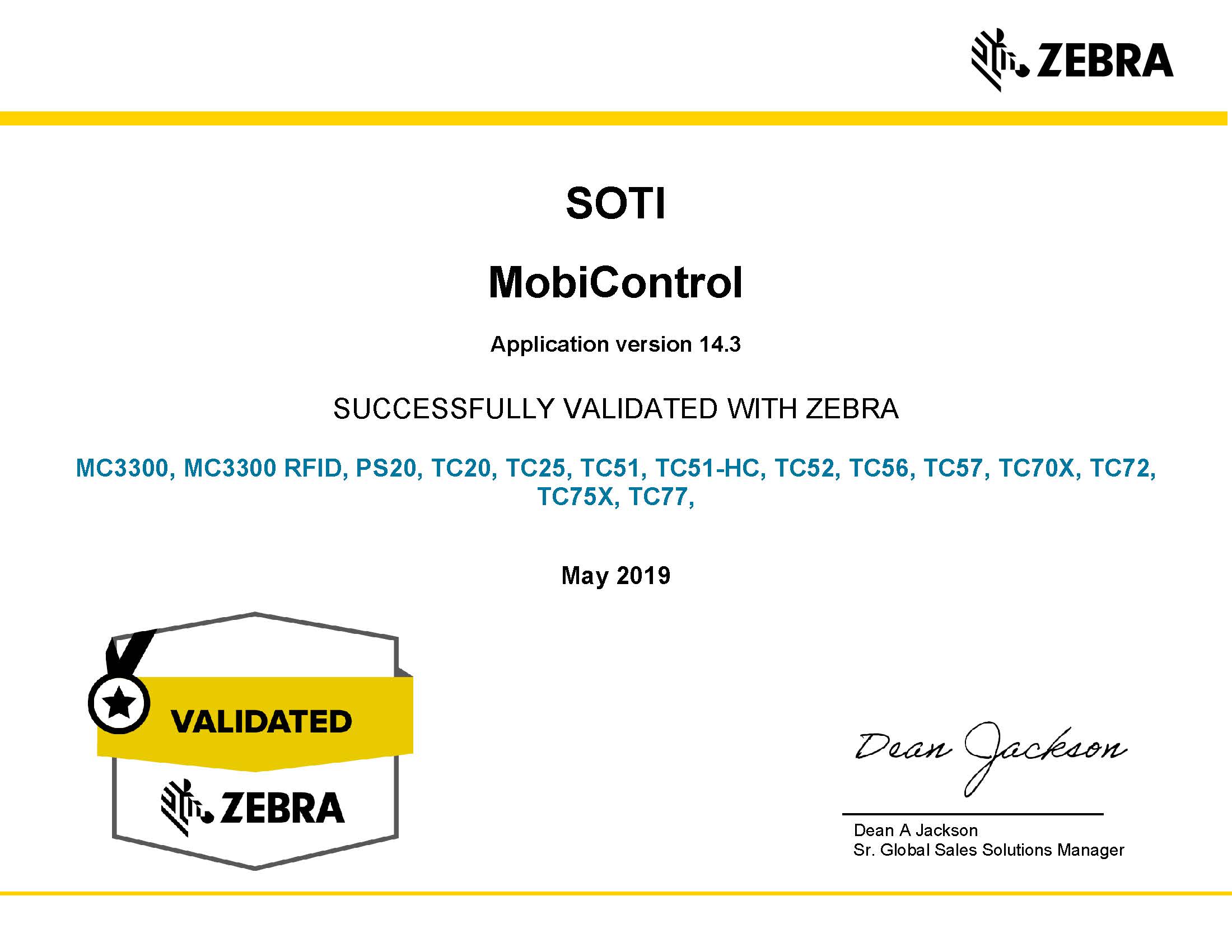 SOTI MobiControl v14.3 Zebra Solution Validation Certificate